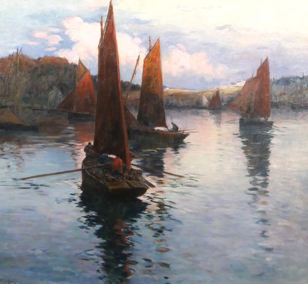 Fernand LEGOUT-GERARD (1854- 1924), "Bateaux rentrant au port, effet du soir"
