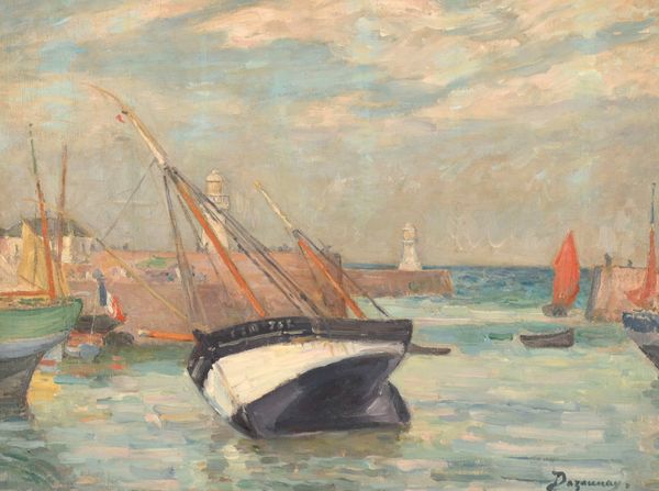 Emile DEZAUNAY (1854-1938) "Barque échouée à l'entrée du port"