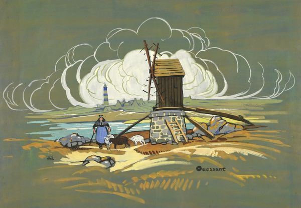 Jim Eugène SEVELLEC (1897-1971) "Bergère ouessantine au moulin" gouache sur papier monogrammée en basà gauche et située en bas à droite