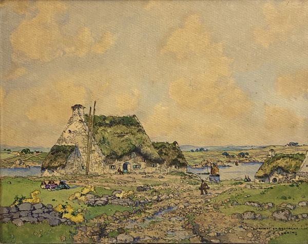Ernest Pierre GUÉRIN (1887-1952) "Chaumes en Bretagne" aquarelle signée et située en bas à droite 19,5 x 24,5 cm