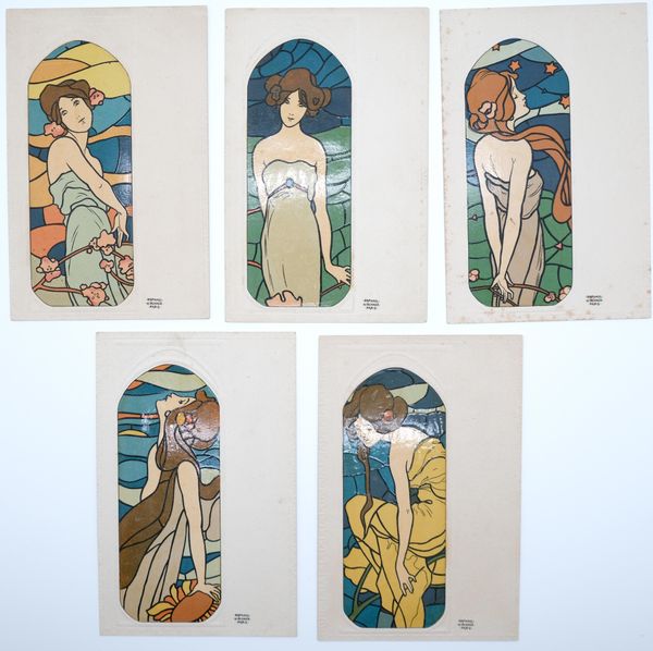Raphael KIRCHNER (1876-1917) Série "Vitraux d'Art" (1903) série de 5 cartes lithographiques n°catalogue E12/1.a-1 à -5