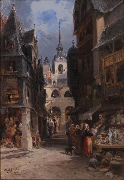 Jules NOEL (1810-1881) "Bretagne 1872, la ville animée" huile sur toile signée et datée en bas à gauche 54 x 38 cm