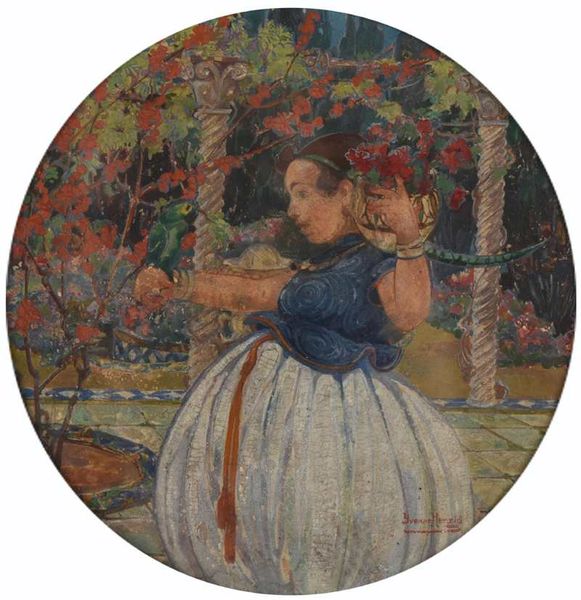Yvonne HERZIG (1895-1968) " Jeune femme Kabyle au perroquet et vase de fleurs" Aquarelle tondo sbd D : 16,8 cm