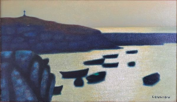 COULIOU (1916-1995) "Le port de Kerroch" huile sur toile signée bas droite et datée au revers 1975 27 x 46 cm